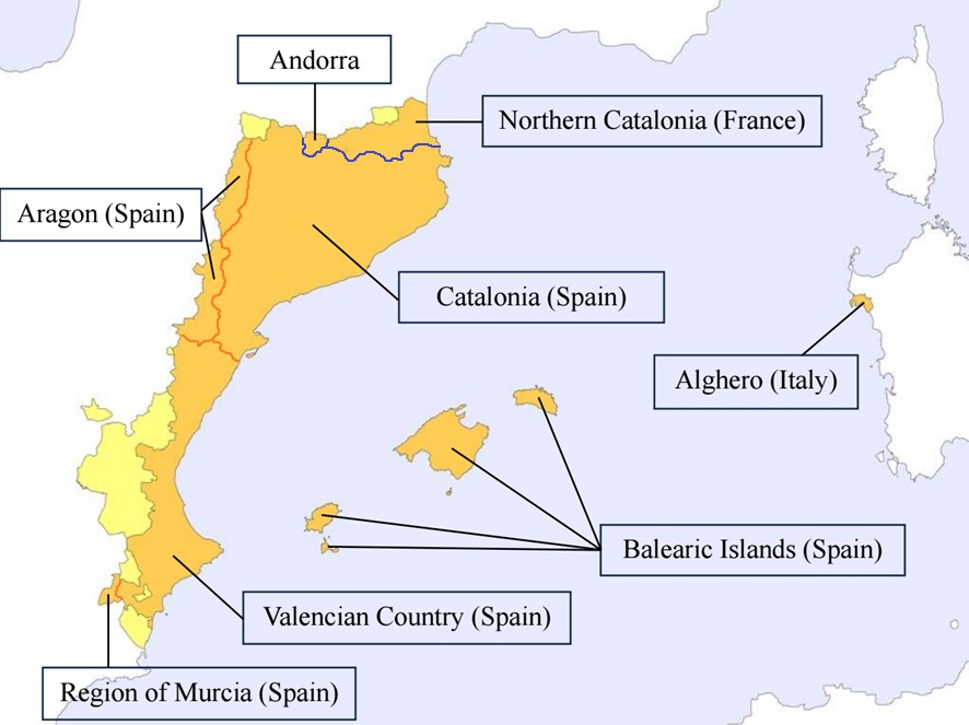 Figure 1. Context map of the Catalan-speaking area (in dark orange). Inter-state borders are highlighted in blue, while intra-state borders are indicated in red. Light orange regions denote counties administratively associated with Catalan-speaking entities, where historically Occitan (in Northern Catalonia and Catalonia) and Spanish (in the Valencian Country) have been the prevalent languages