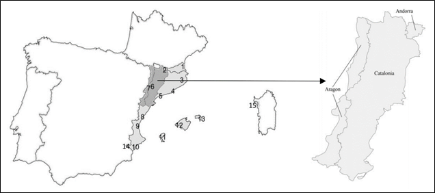 Figure 2. Context map of the Catalan-speaking area in grey, including some of the major cities: (1) Perpignan (France); (2) Andorra la Vella (Andorra); (3) Girona (Catalonia Spain), (4) Barcelona (Catalonia, Spain), (5) Tarragona (Catalonia, Spain), (6) Lleida (Catalonia, Spain); (7) Fraga (Aragon, Spain); (8) Castelló de la Plana (Valencian Country, Spain), (9) Valencia (Valencian Country, Spain), (10) Alicante (Valencian Country, Spain); (11) Ibiza (Balearic Islands, Spain), (12) Palma (Balearic Islands, Spain), (13) Maó (Balearic Islands, Spain); (14) Carche (Murcia, Spain); and (15) Alghero (Italy). The area where north-western Catalan is spoken is depicted with a darker shade of grey and has been expanded to better appreciate its political divisions