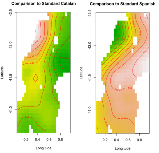 Figures 4 and 5. Contour plots for the regression surface of the pronunciation distance with respect to standard Catalan (left) and standard Spanish (right) as a function of longitude and latitude obtained with a generalised additive model using a thin plate regression spline. The colour green indicates lower differences, whereas yellow and pink indicate increasingly pronounced differences