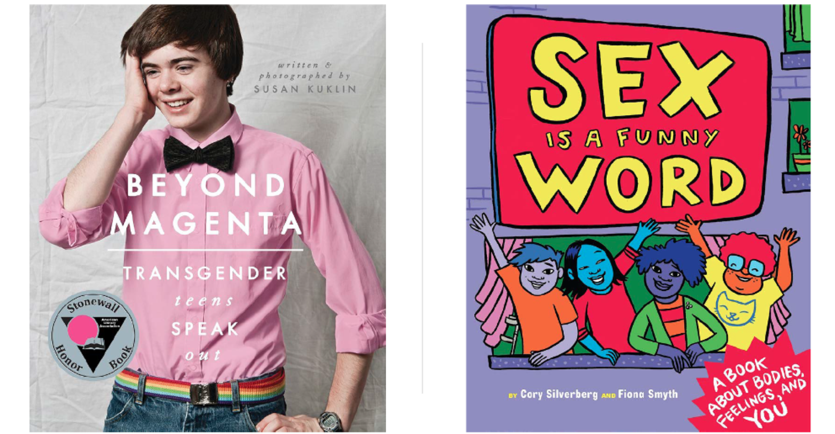 Capas dos livros Beyond Magenta: Transgender Teens Speak Out (2014) e Sex is a Funny Word (2015)