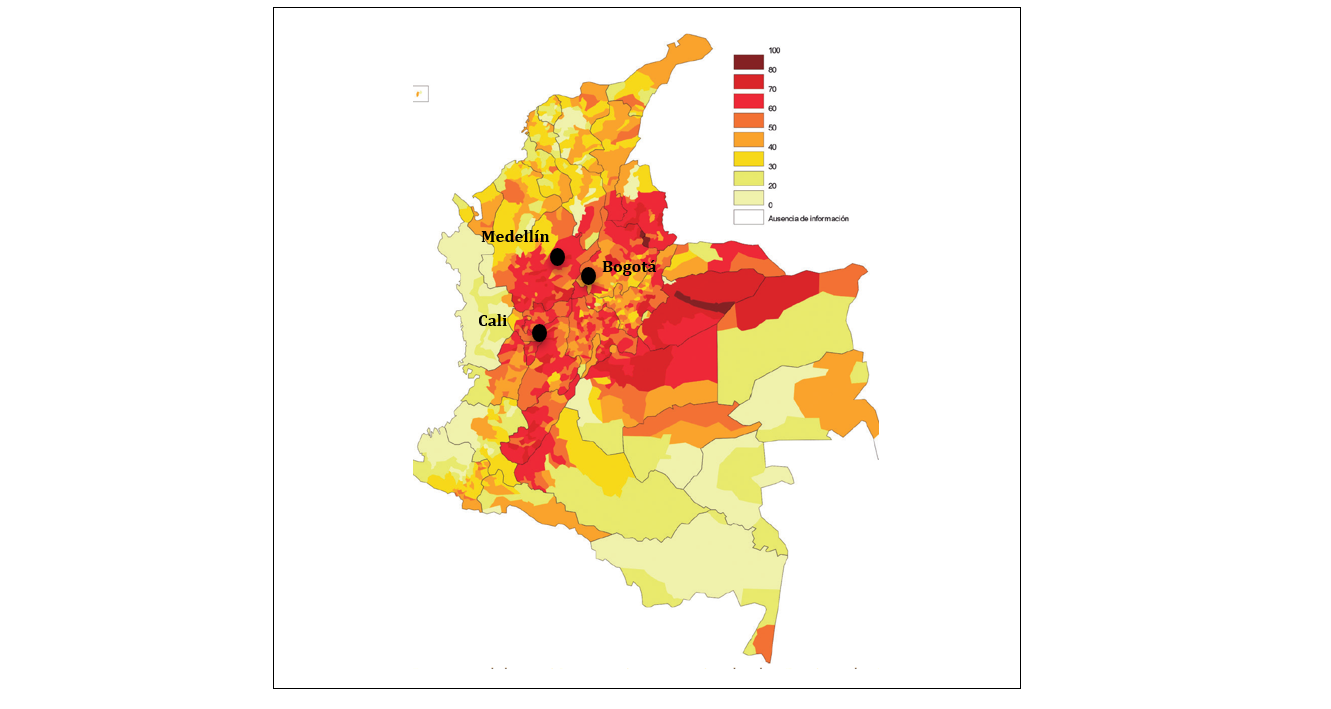 Nota: Mapa que muestra la distribución por porcentajes del «No» por municipios en el plebiscito de 2016 para el Acuerdo de Paz.