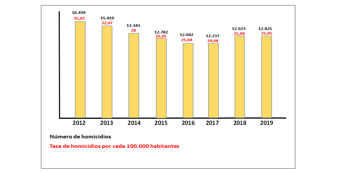 Nota: Representa el número de homicidios y las tasas de homicidio por cada 100.000 habitantes en Colombia entre los años 2012 y 2019. Elaboración propia.