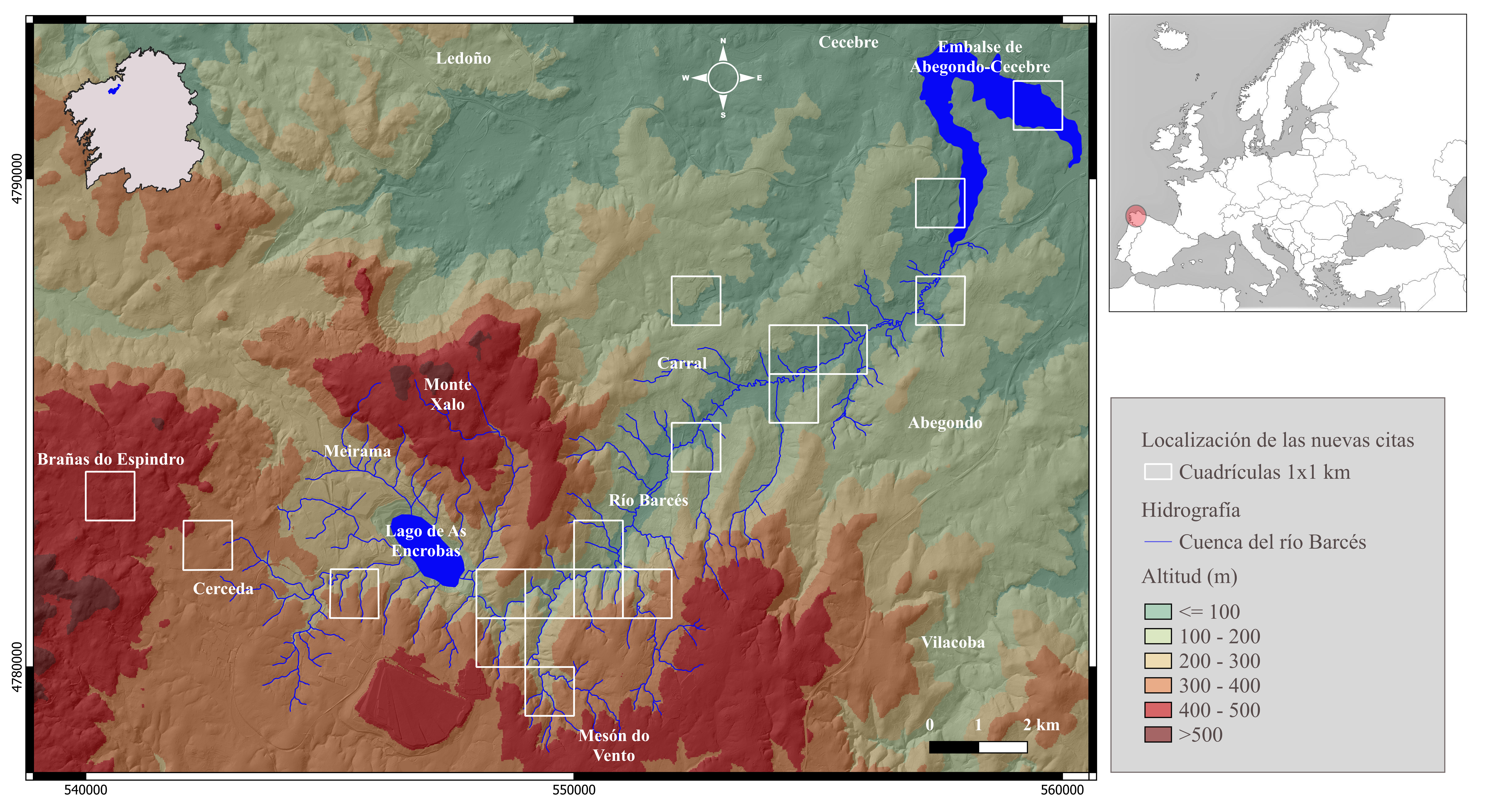 Figura 1. Mapa de la cuenca del río Barcés. Cada cuadrado indica una localización UTM con precisión de 1000 metros donde se ha hallado al menos una nueva localización para una de las especies citadas en el artículo.