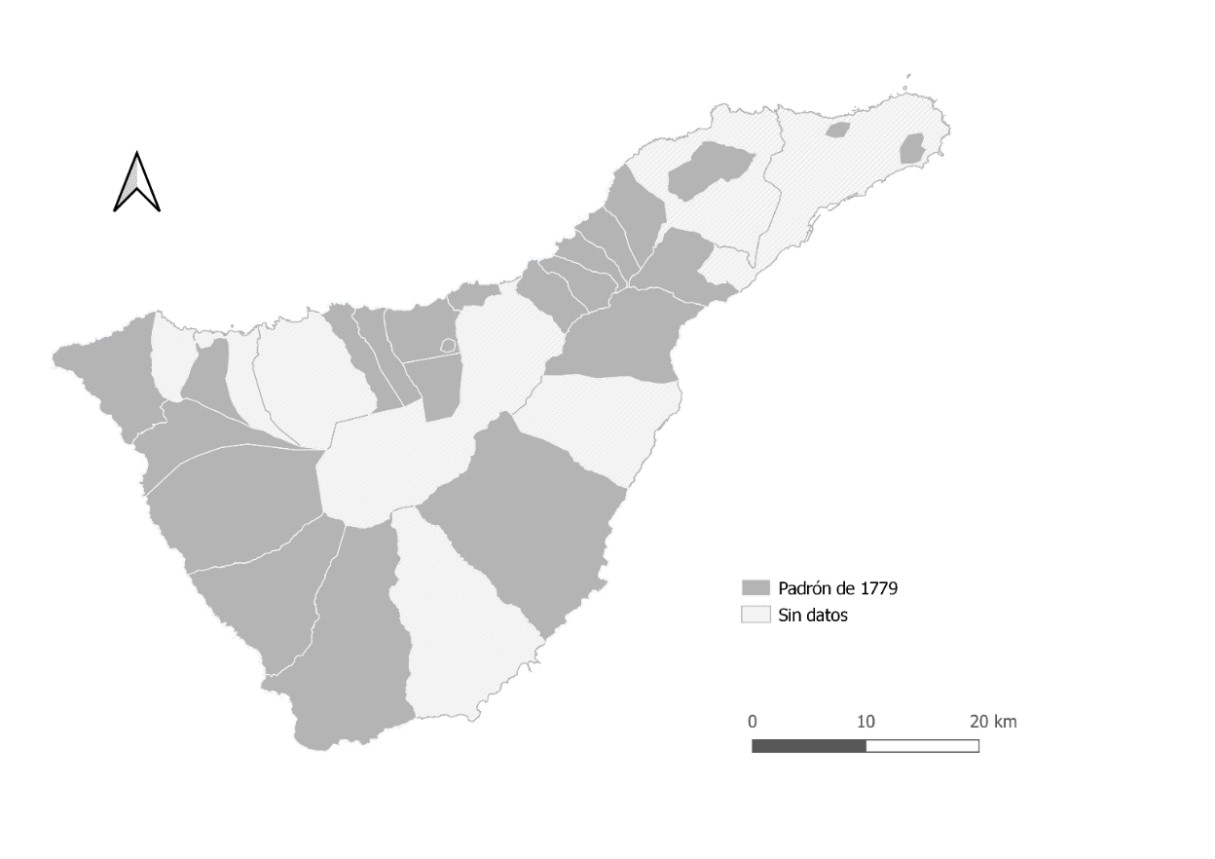 Mapa 1. Cobertura geográfica del Padrón de habitantes de Tenerife de 1779