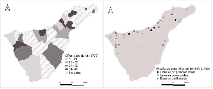 Mapa 2. Geografía de las tasas de actividad de los varones y localización de las escuelas para niños en Tenerife (1779 y 1790)