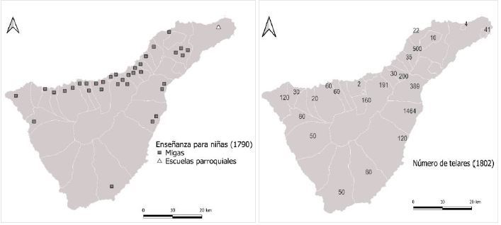 Mapa 3. Escuelas para niñas en 1790 y localización de los telares en 1802 en Tenerife