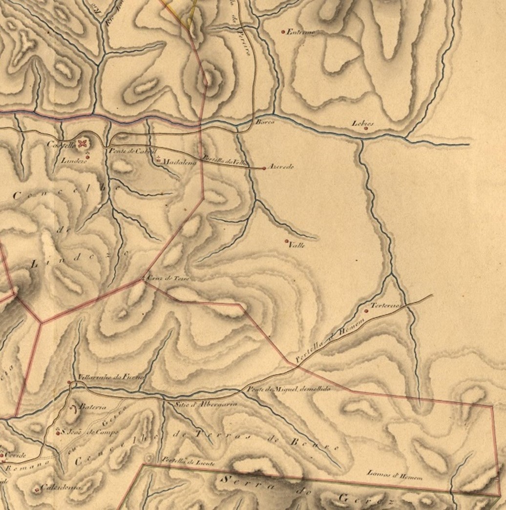 Mapa 1 Detalle del mapa levantado por Custódio de Vilas-Boas en el que representa como portuguesa la zona de A Madalena reivindicaba por los habitantes de Lindoso (1794)