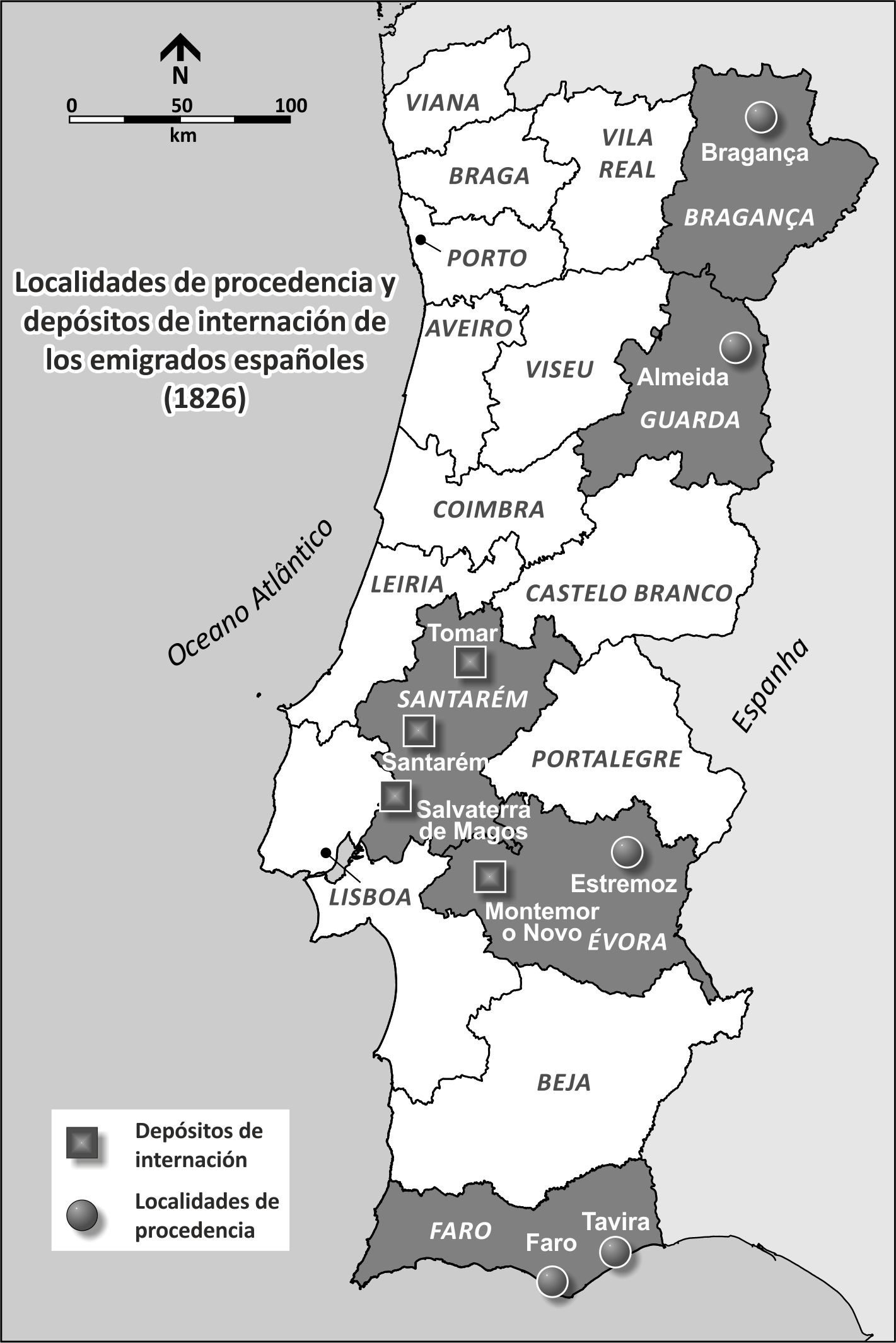 Mapa 1. Procedencia y depósitos de destino de los emigrados españoles (1826)