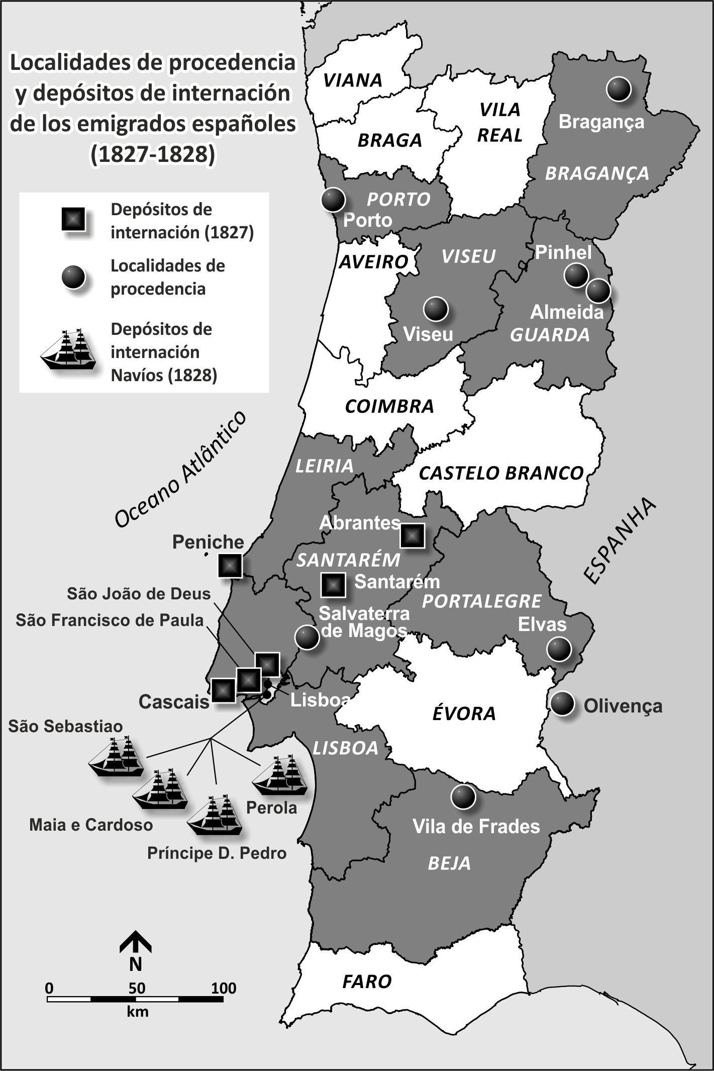 Mapa 3. Procedencia de emigrados españoles y depósitos de destino (1827-1828)