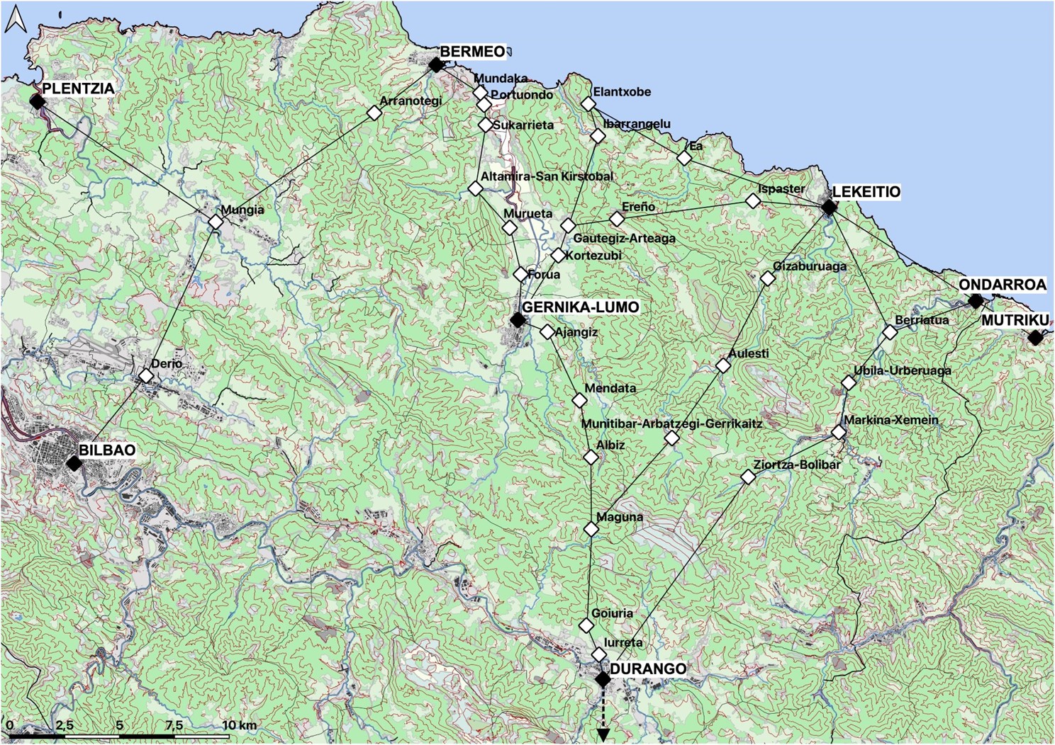 Mapa 1. Rutas comerciales de la baja edad media y la edad moderna en el noreste de Bizkaia