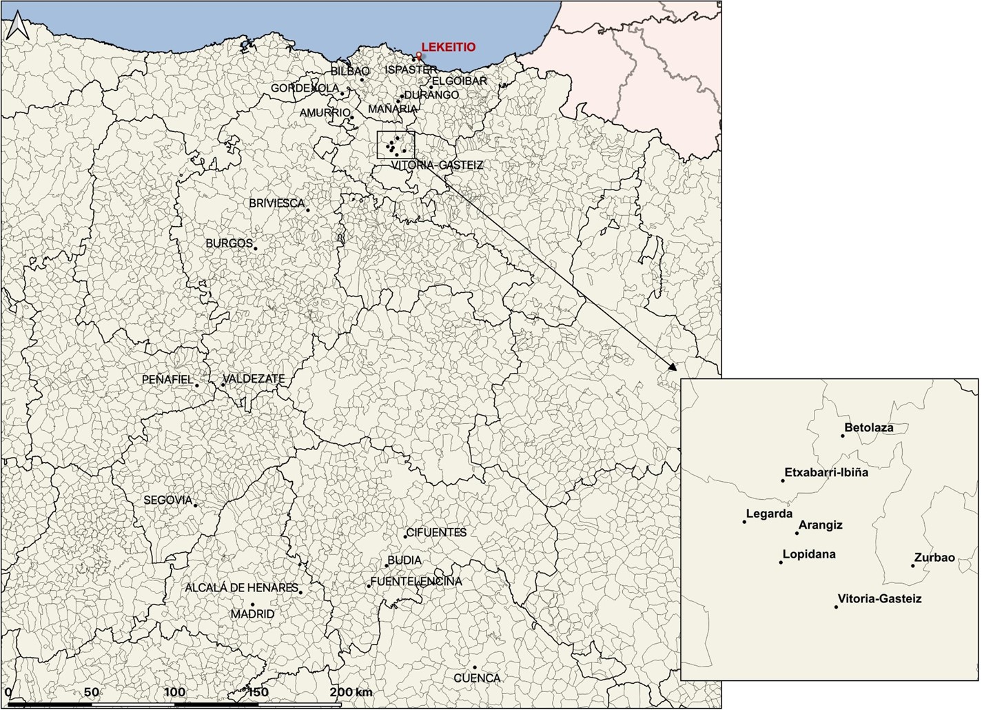 Mapa 2. Origen de los comerciantes del interior peninsular que compraron pescado en Lekeitio, 1560-1630