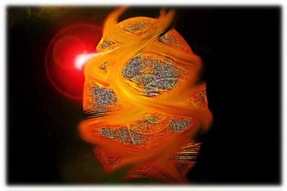 O nascimento de Phanes do ovo c&oacute;smico, fruto do &Eacute;ter, irm&atilde;o do Caos, ambos gerados por duas serpentes aladas, Tempo e Necessidade. No fundo, a noite primordial (Cria&ccedil;&atilde;o in&eacute;dita do Autor)