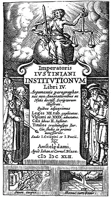 Crispinus, Johan. I y Blaeu, Cornel., Justiniani Institutionum (frontispicio), 1642.