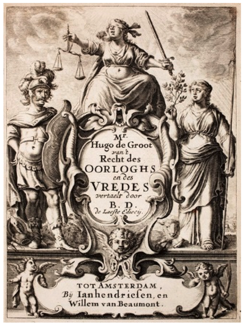 de Groot, Hugo, Drie boecken van 't recht des oorloghs en vredes (frontispicio), 1657, Ámsterdam.