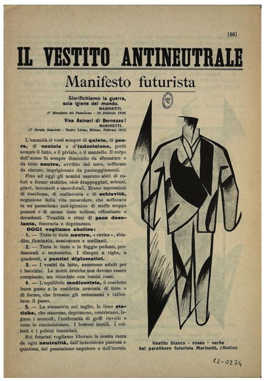 Balla, Giacomo, Il vestito antineutral. Direzione del Movimiento Futurista: corso Venezia, 61, Milán, 11 de septiembre de 1914.