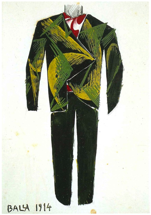 Balla, Giacomo Bozzetto per vestito da uomo, 1914. Acuarela sobre papel 29 x 21 cm, Guidonia, Fundación Biagiotti Cigna.