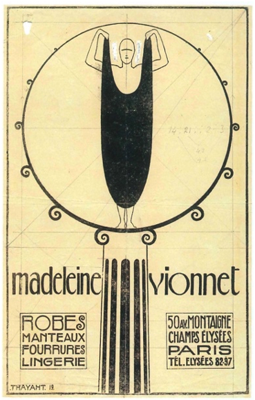 Thayath, Progetto per publicittà della Maison di Madeleine Vionnet, 1919. Impresión y lápiz sobre papel 27 x 17 cm, colec. CLM, Roma.
