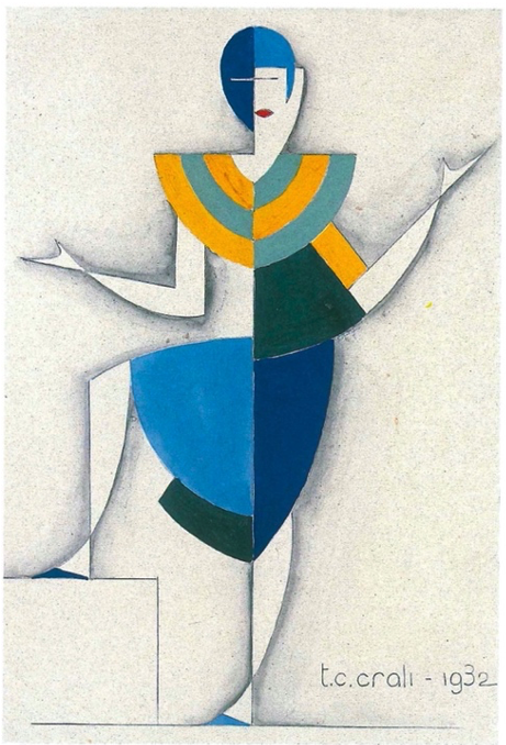 Crali, Tullio, Abito girosc&oacute;pico, acuarela sobre papel, 1932. 29,6 x 22,8 cm, MART, Rovereto. Fig. 12. Crali, Tullio, Abitos componibile, 1932. T&eacute;mpera sobre papel, 24,5 x 18 cm, MART, Rovereto.