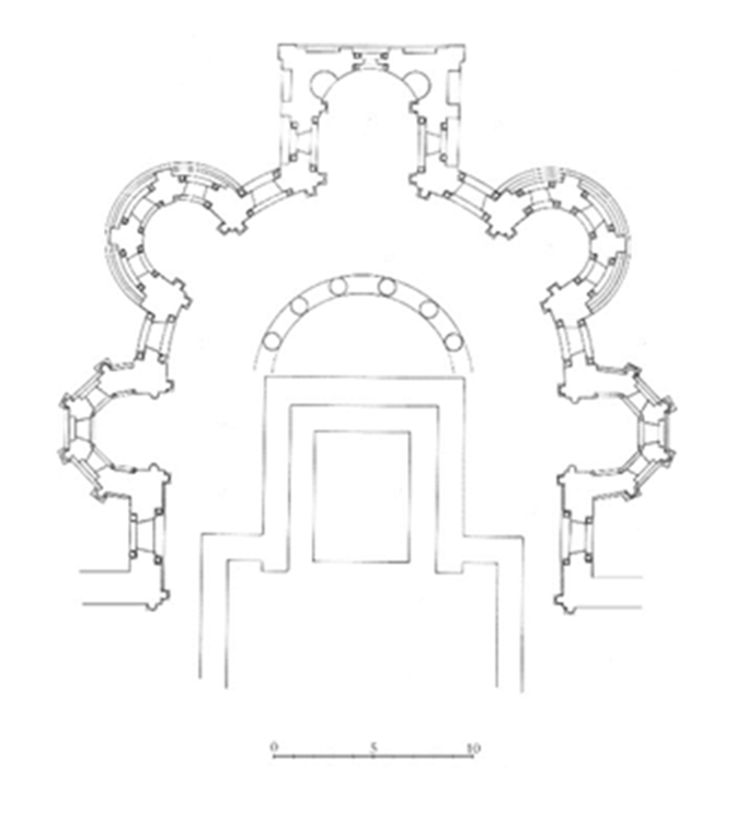 Planta hipotética de la cabecera de la catedral de Santiago hacia el año 1095 (J. L. Senra)
