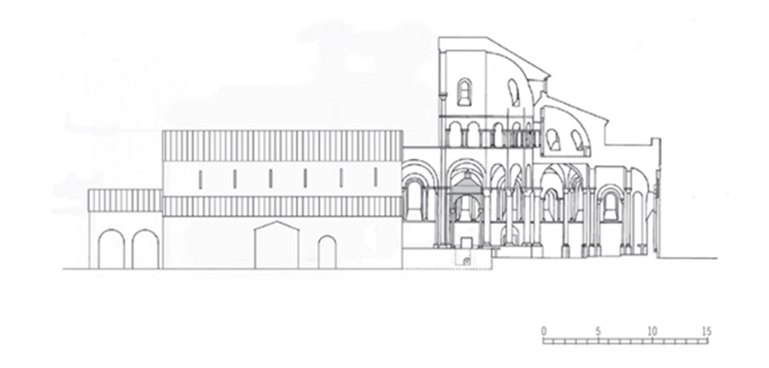 Corte longitudinal de la catedral de Santiago hacia el año 1105 (J. L. Senra)