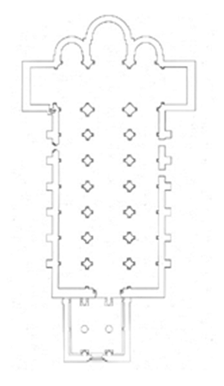 Planta hipotética de la iglesia románica de Sahagún con añadido de bloque occidental (J. L. Senra)