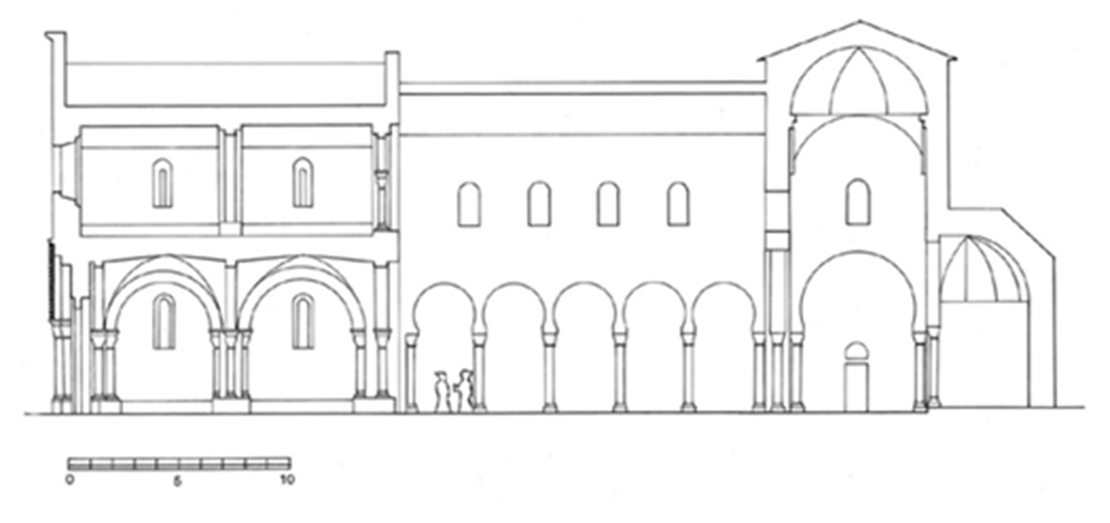 Corte longitudinal de la iglesia financiada por Alfonso III con añadido de bloque occidental románico (J. L. Senra)