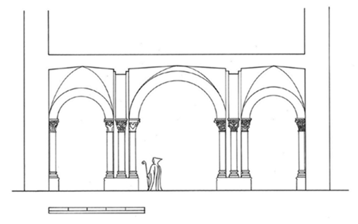 Reconstrucción hipotética del acceso a la iglesia de Alfonso III en Sahagún desde el bloque occidental y panteón de Alfonso VI (J. L. Senra)