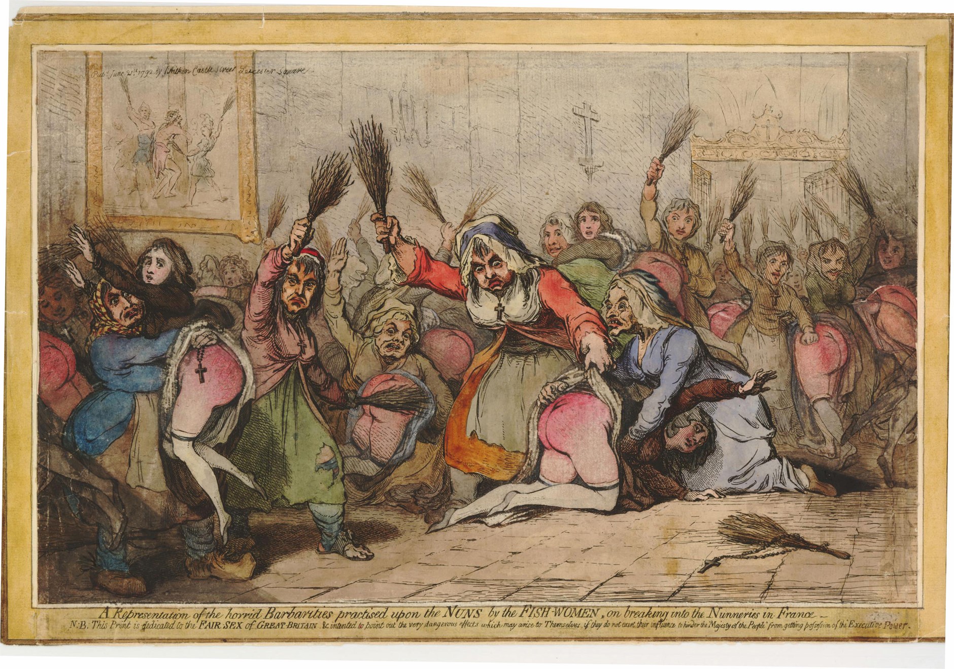 Fig. 8. Gillray, James, A representation of the horrid barbarities practised upon the nuns by the fish-women, on breaking into the nunneries in France, 1792. Aguafuerte coloreado a mano, British Museum, Londres