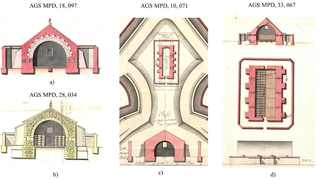 Fig. 3. El modelo canónico de almacenes de pólvora de Vauban en varios proyectos de ingenieros militares españoles