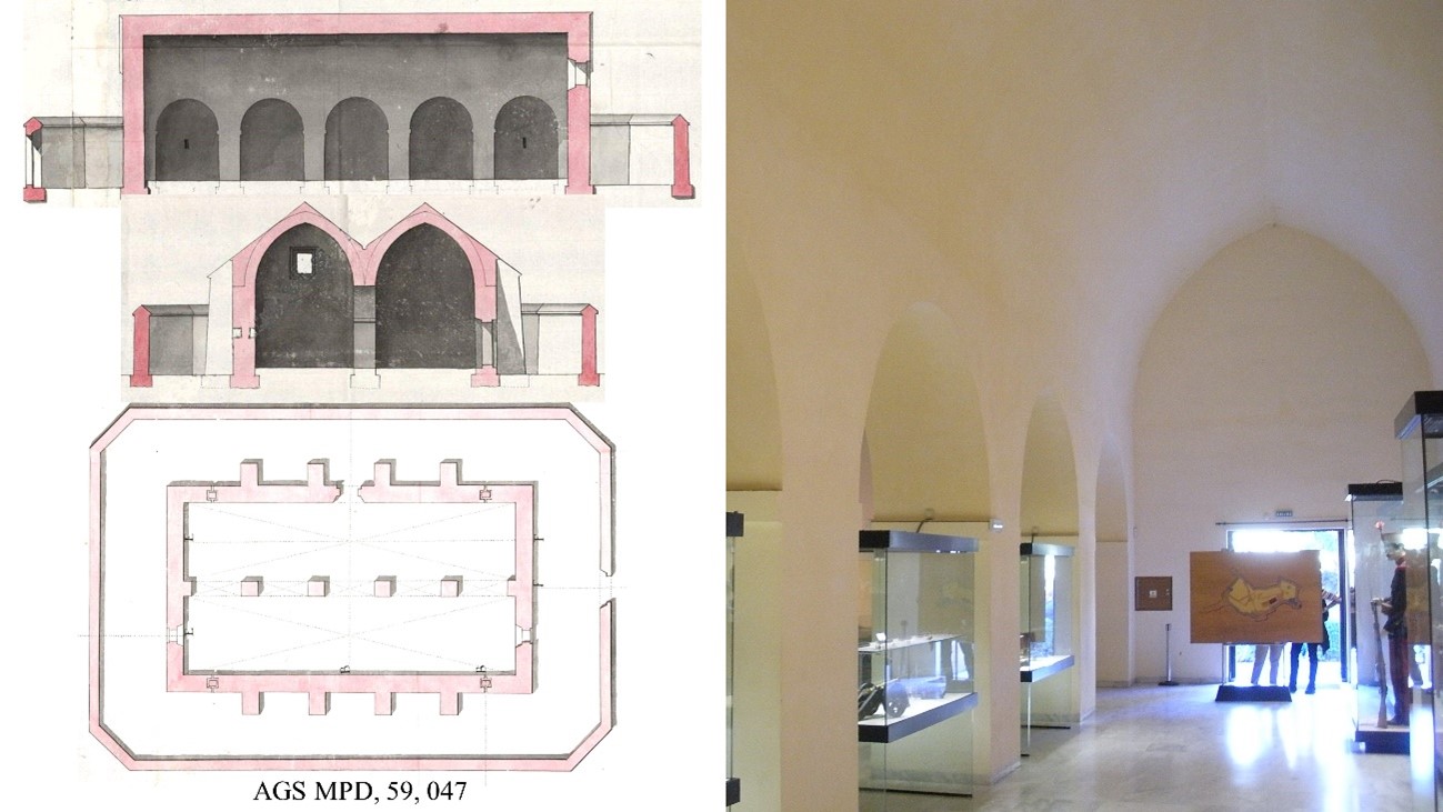 Fig. 5. Almacén de pólvora de Gibralfaro, proyecto (1724, AGS, MPD, 59-046) y vista interior