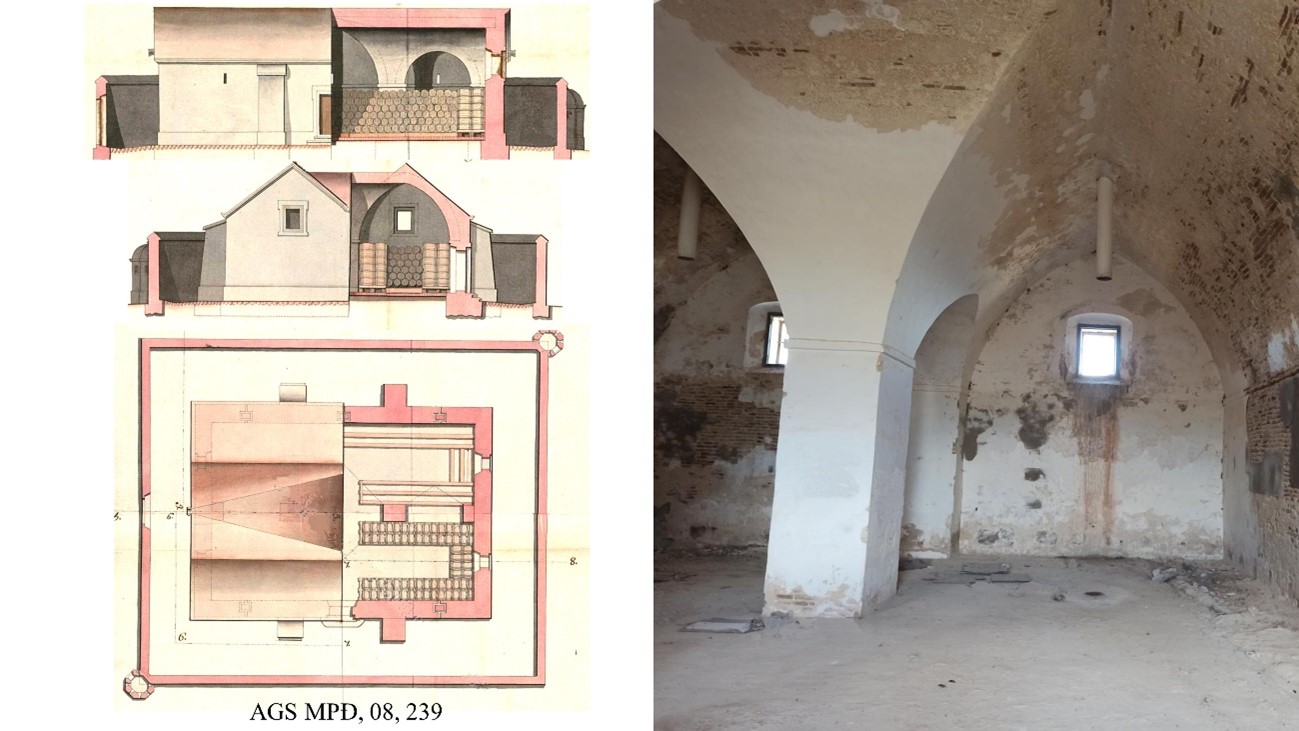 Fig. 6. Almacén de San Bernardo, San Fernando, proyecto (1728, AGS, MPD, 08-239) y vista interior