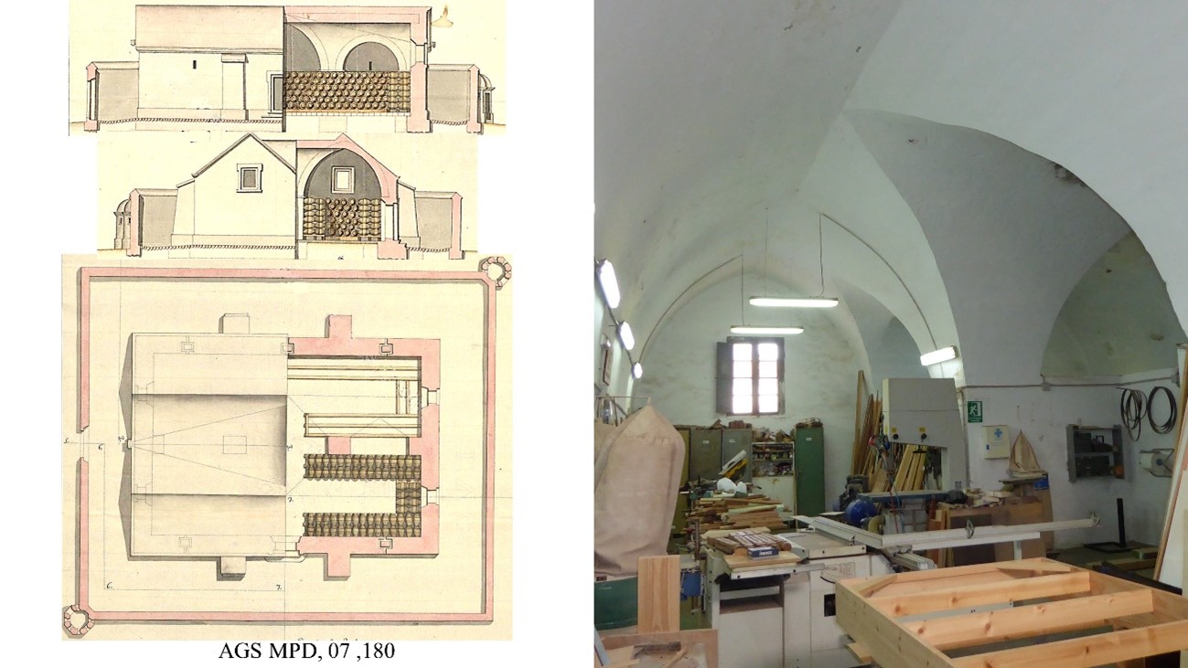 Fig. 7. Almacén de pólvora de Valdeaguas, Ceuta, proyecto (1736, Diego Cardoso, AGS, MPD, 07-180) e interior