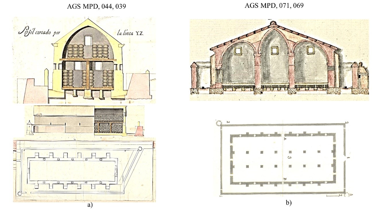 Fig. 8. Almacenes de pólvora de Gerona (1738, Joseph Fabré, AGS, MPD, 01-018) y Zaragoza (1785, AGS, MPD, 071-069)