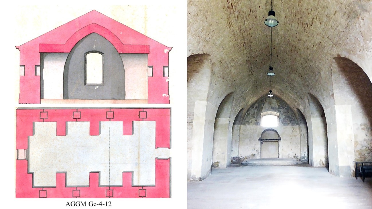 Fig. 9. Almacén de Santiago, San Fernando de Figueras, planta y sección (S.f. Ge-4-12) y vista del interior