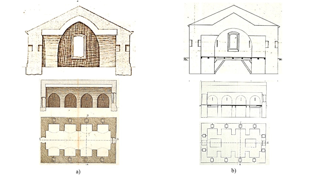 Fig. 10. Almacén de pólvora de Santiago, San Fernando de Figueras, según dibujo de Miguel Sánchez Taramas (lámina 2A) y almacén de pólvora de San Narciso, San Fernando de Figueras (AGS, MPD, 46-033)