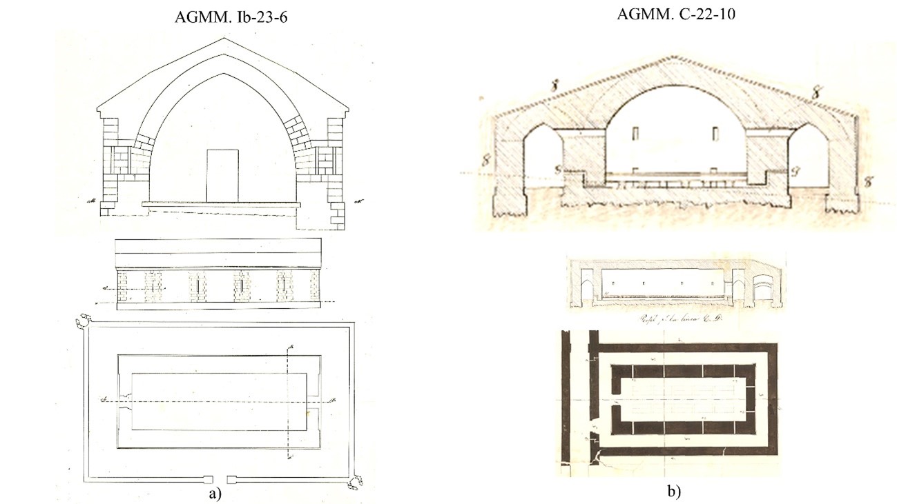 Fig. 12. Almacenes de pólvora de La Mola, 1852 (AGMM, Ib-23-6) y Ferrol, 1856 (AGMM, C-22-10)