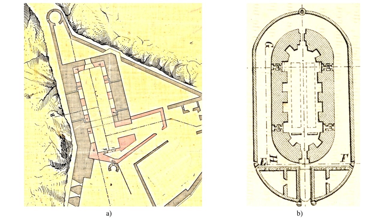 Fig. 13. Reforma del almacén de pólvora de Melilla, Emilio Cazorla, 1871 (AGMM, Ml-1-19) y planta de un almacén de pólvora del sistema Merkes (dibujo de Emilio Cazorla, 1871)