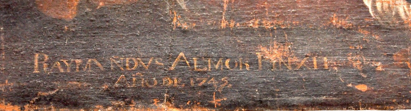 Fig. 3 Detalle de la firma de Ramón Almor. Batalla de Clavijo, 1745. Óleo sobre lienzo, colegial de Santa María de los Corporales de Daroca.