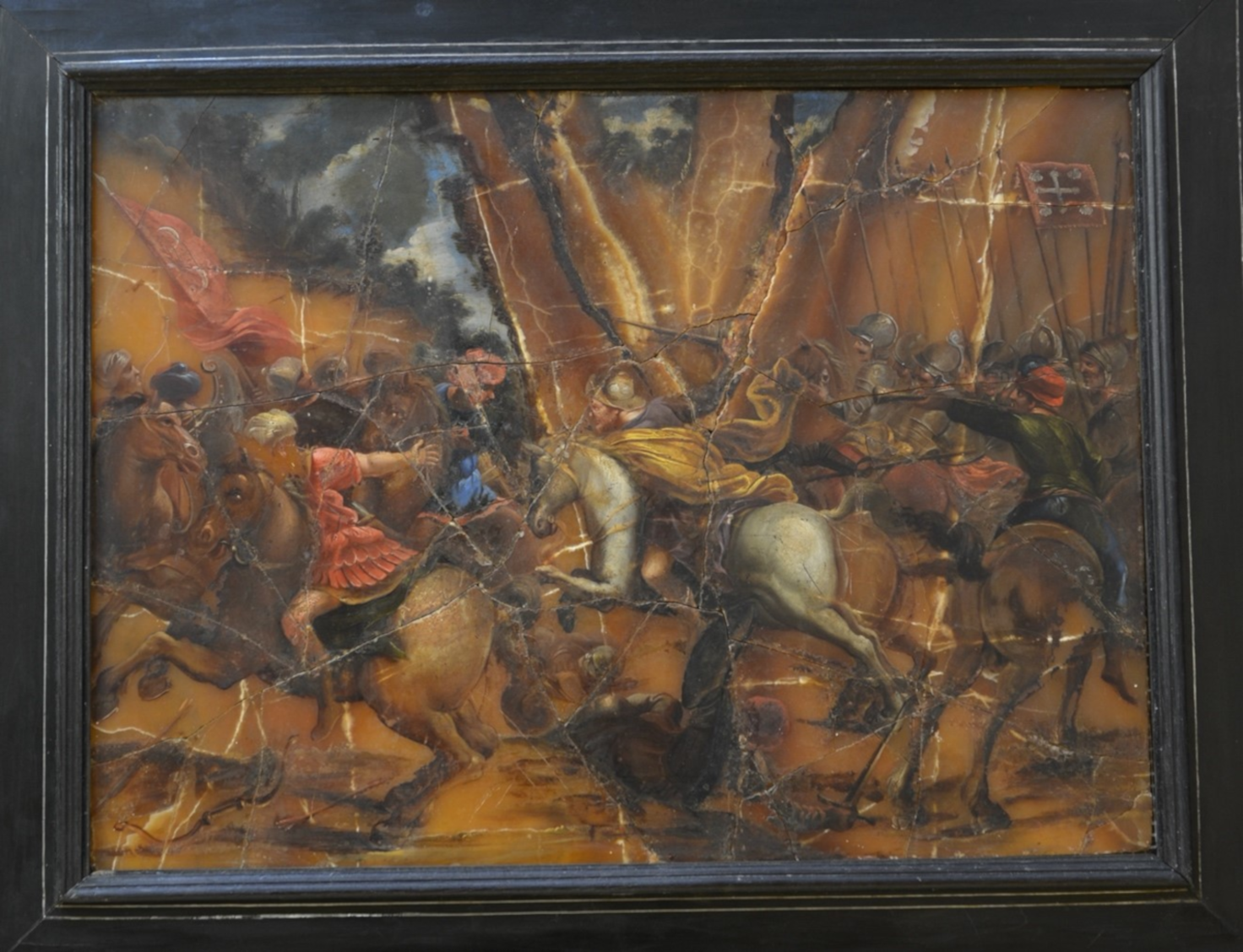 Fig. 7. Círculo de Antonio Tempesta (atribución), Batalla de Clavijo, primer tercio del siglo XVII. Óleo sobre ónice con marco de ébano, Museo Colegial de Daroca.