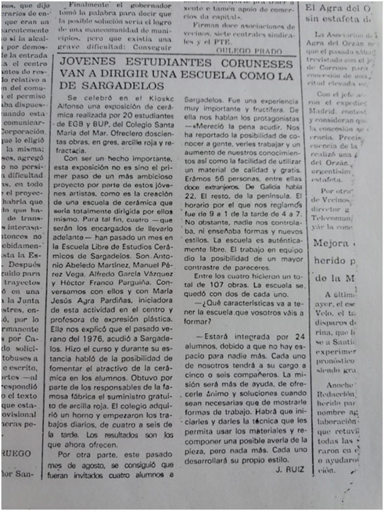 Fig. 15. Noticia en prensa sobre la recreación de la escuela de Sargadelos en un centro de A Coruña