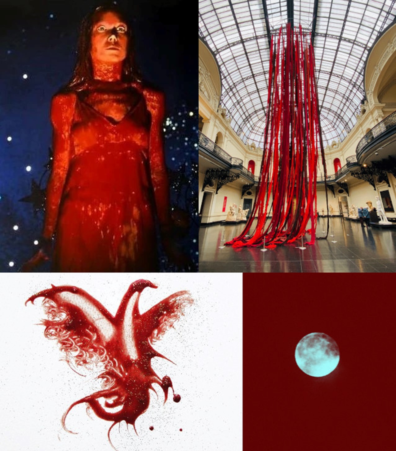 Fig. 11 En el sentido de las agujas del reloj: a. Fotograma de Carrie (Brian de Palma, 1976); b. Quipu menstrual (la sangre de los glaciares) (2006-2021), instalación de Cecilia Vicuña; c. Fotografía de la serie Menstruation Myths (2021), de Laia Abril; d. Galaxy Crossing, obra de la serie Menstrala (2003), de Vanessa Tiegs.