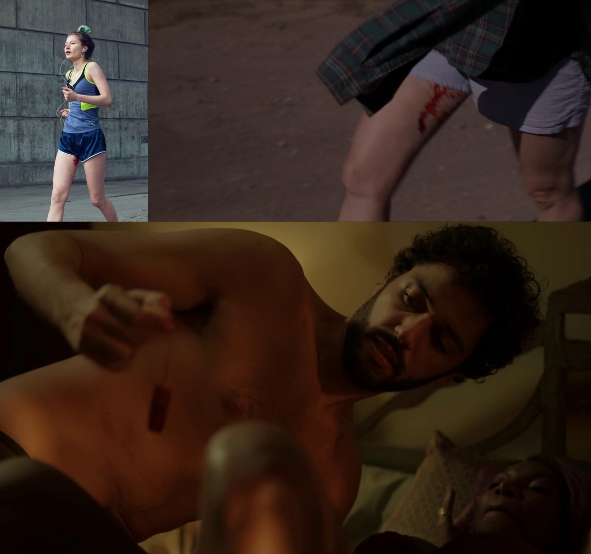 Fig. 13 a. Fotografía de la serie There Will Be Blood (2012), de Emma Arvida Bytrom; b. I Love Dick (2017). Capítulo final: “Cowboys and Nomads”; c. I May Destroy You, E03: “Don’t Forget the Sea” (2020). Nueva masculinidad, menstruación y sexo.