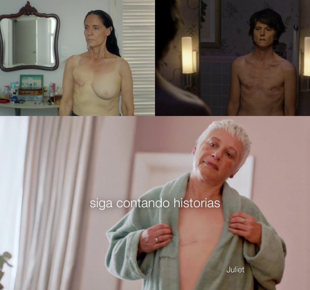 Fig. 18 a. Sonia Braga en Doña Clara (Aquarius, 2016), de Kleber Mendonça Filho; b. Tig Notaro enfrentándose a su reflejo en su serie One Mississippi, T01E03: “The Cat’s Out” (2016); c. Juliet, una de las protagonistas de la campaña publicitaria del gel de ducha Dove sin sulfatos (2020).