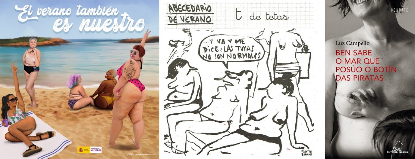 Fig. 21 a. El polémico cartel de la campaña institucional contra la “violencia estética” El verano también es nuestro (2022), promovida por el Instituto de las Mujeres del Ministerio de Igualdad; b. Abecedario de verano. T de tetas. Viñeta de Flavita Banana publicada en El País, 22-08-2022; c. Portada del poemario Ben sabe o mar que posúo o botín das piratas (2022), de Luz Campello.