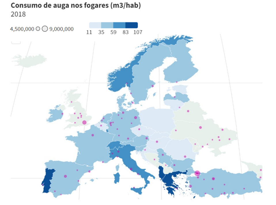 Consumo de auga (m3 anuais/habitante) nos fogares para algúns países europeos no ano 2018.