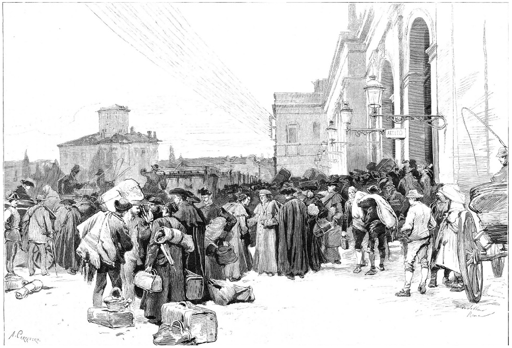Llegada de los primeros peregrinos a Roma en octubre de 1876 presididos por el cardenal de Granada Bienvenido Monzón.
