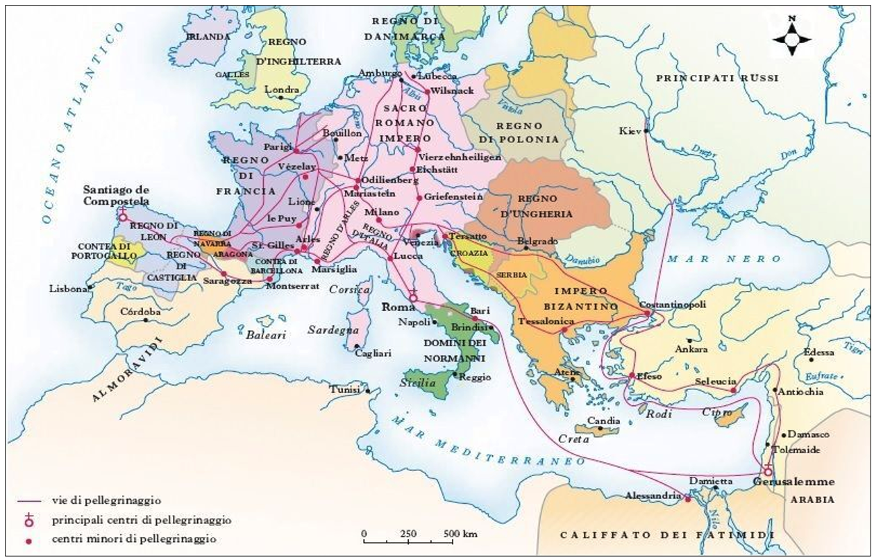 Mapa de las rutas de peregrinación medieval en Europa y el área mediterránea.